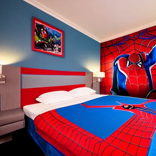 Prompt: photography of theme park hotel room themed to spider - man motif. bed has spider - man blankets. wall has spider - man pattern. furniture has spider - man motif. furniture is shaped like spider - man furniture. carpet has spider - man motif. lighting has spider - man film shapes