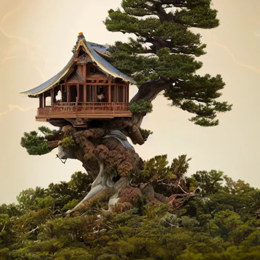 Image similar to stunningly beautiful sculpture of heavenly bonsai house made of marble and intricate wood carving by ellen jewett, deep colour, fireflies everywhere, octane render 4 k