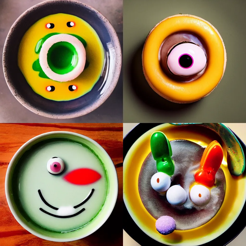 Prompt: a single bowl of rubber duckie donut eyeball soup, food photography, trending on instagram, bon appetit, epicurious