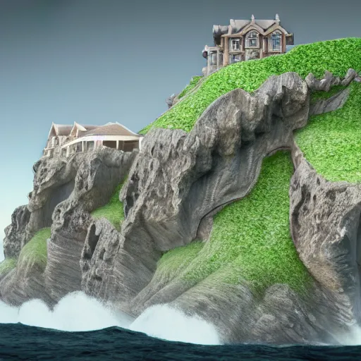 Image similar to Ultra Realistic Hyper detailed Fantasy view of a Mansion overlooking the cliffs edge where ocean waves are crashing.