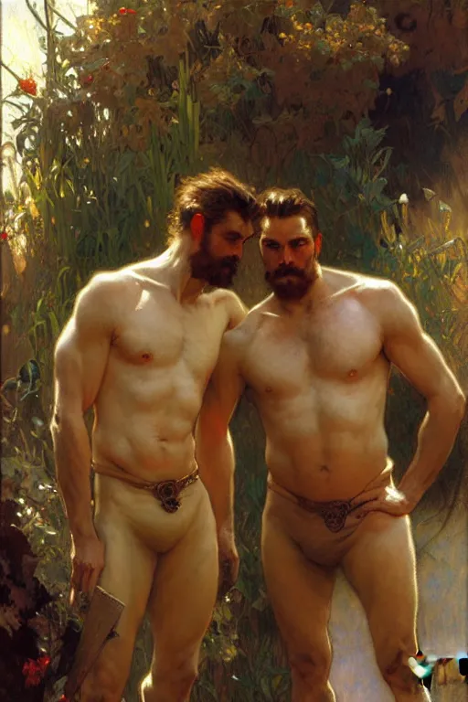 Prompt: 2 attractive men, painting by gaston bussiere, craig mullins, greg rutkowski, alphonse mucha