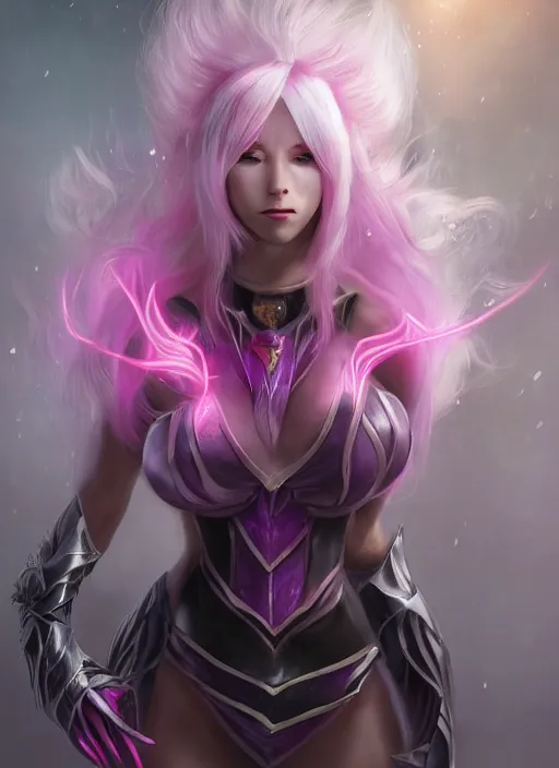 Image similar to smiling syndra, from league of legends, white hair, pink magic, hyper detailed, digital art, au naturel, with abs, trending in artstation, cinematic lighting, studio quality, smooth render, unreal engine 5 rendered, octane rendered, art style by klimt and nixeu and ian sprigger and wlop and krenz cushart