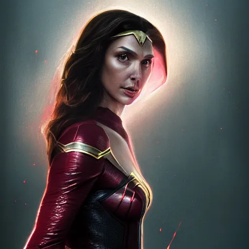 Image similar to a potrait of Gal Gadot as Scarlet witch by Greg Rutkowski, Sung Choi, Mitchell Mohrhauser, Maciej Kuciara, Johnson Ting, Maxim Verehin, Peter Konig, 8k photorealistic, cinematic lighting, HD, high details, dramatic, trending on artstation, full body shot