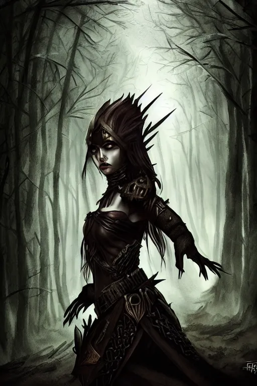 Image similar to dramatic dark forest scenery, girl with sharp fangs in hide leather armor, high fantasy concept art, poster