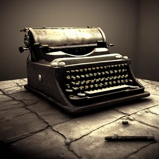 Image similar to an old lovecraft typewriter with a sheet of paper on which words in an ancient language are written, mysterious, dark fantasy, insanely detailed, photorealistic, dramatic lighting, v - ray, unreal engine 5, raytracing, ambient occlusion, 8 k, digital art, by beksinski and rutkovski, artstation