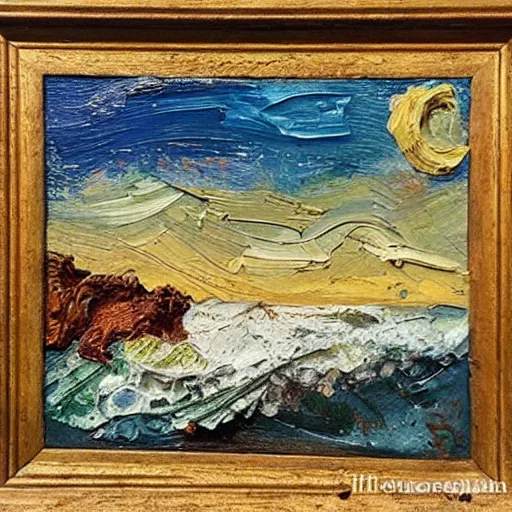 Image similar to oil paint impasto relief, beautiful night italian beach scene, rough sea, multi layered thick brush marks, some splattered paint, in the style of ivan shishkin and frank auerbach and van gogh