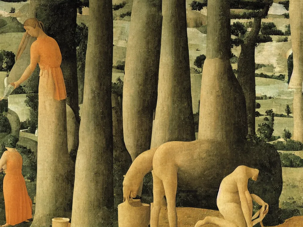 Image similar to detail woman washing with water jug. Horse, cypress tree. Comet. Painting by Piero della Francesca, Balthus, Morandi