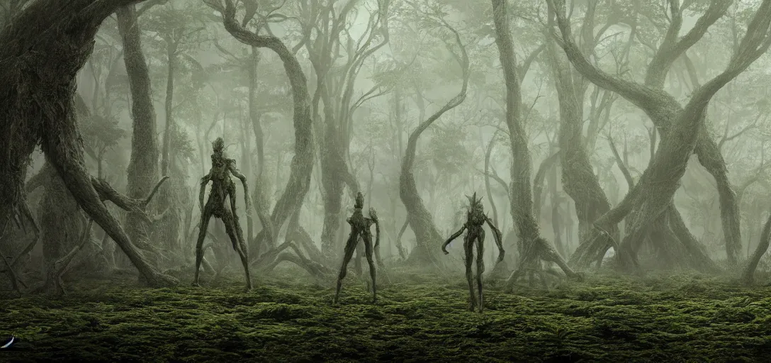 Image similar to a complex organic fractal 3 d metallic symbiotic ceramic humanoid megastructure creature in a swampy lush forest, foggy, cinematic shot, photo still from movie by denis villeneuve, manga style by junji ito