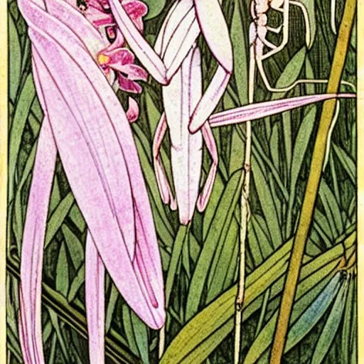 Image similar to orchid mantis by William Morris and Carlos Schwabe