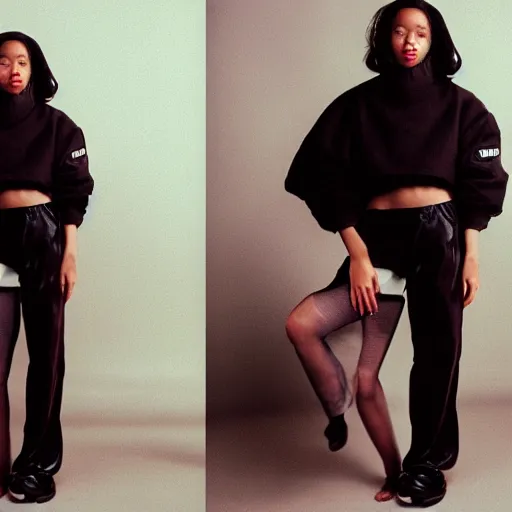 Image similar to realistic! photoshoot for a new vetements lookbook, color film photography, portrait of a beautiful woman, in style of tyler mitchell, 35mm