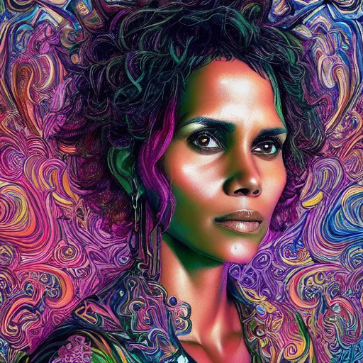 Image similar to portrait of halle berry, hyper detailed masterpiece, neon floral pattern, jean giraud, digital art painting, darkwave goth aesthetic, psychedelic, artgerm, donato giancola and tom bagshaw