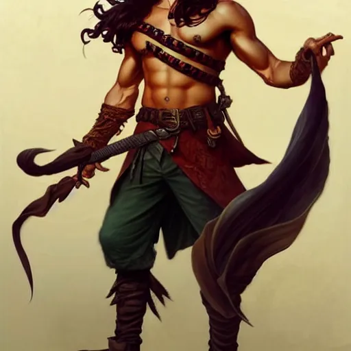 Image similar to full body shot of male pirate, D&D, handsome, amber eyes, muscular, fantasy, intricate, long hair, red hair, elegant, highly detailed, digital painting, artstation, concept art, smooth, sharp focus, illustration, art by artgerm and greg rutkowski and alphonse mucha