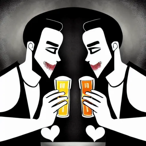 Image similar to two beautiful chad men drinking beers, many white hearts, friendship, love, sadness, dark ambiance, concept by Godfrey Blow, featured on deviantart, drawing, sots art, lyco art, artwork, photoillustration, poster art