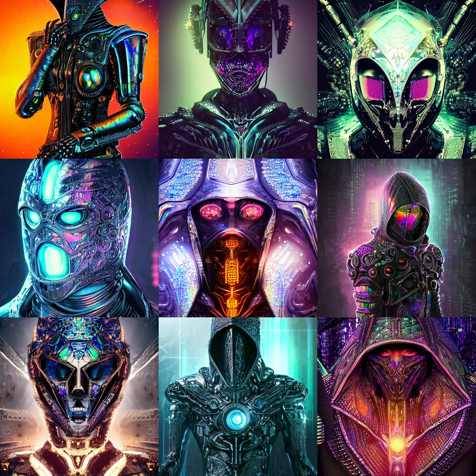 Prompt: Ultra realist and ultra intricate dark detailed painting of an powerful hooded armor iridescent assassin king, human face biomechanical complex body with iridescent processor microchips, 3D render, symmetry, rich style, glowing iridescent sparks and smoke behind, crystallic cyberpunk megastructure background, artstation, colorful, badass, dark ominous stealth, colorful lens flares, unreal render, depth of field