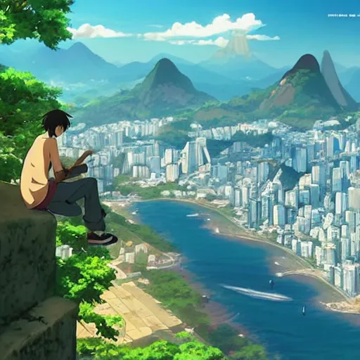 Prompt: rio de janeiro in an anime film, directed by makoto shinkai, art book