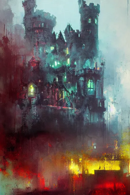 Prompt: abstract painting of a haunted castle in bright colours by jeremy mann, hd