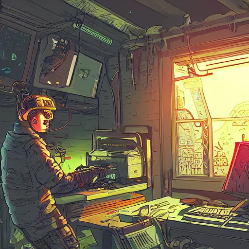 Image similar to in the style of max prentis and deathburger and laurie greasley a young explorer wearing a cyberpunk headpiece playing video games in his treehouse, highly detailed, midnight, 8 k wallpaper