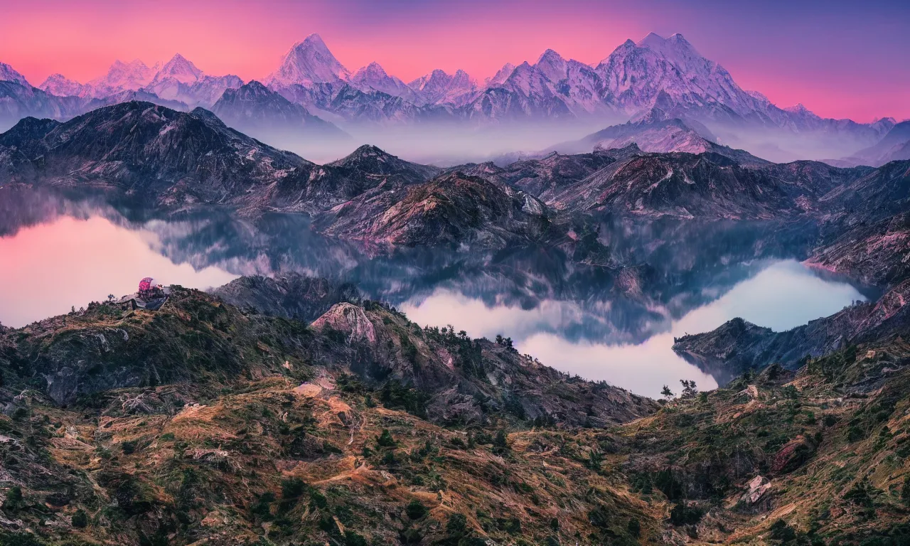 Prompt: breathtaking himalayan landscape, pastel sunset, lake, pine trees, hot air balloon, last light on a mountain top, dreamy colors, photorealistic, landscape photography, beautiful, 4 k, trending on artstation, serene, bliss, national geographic