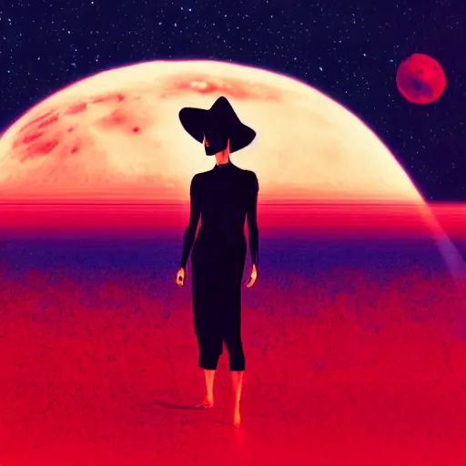 Prompt: A sad spiritual witch standing on mars looking at camera, distant background, red lighting, ominous, moonlight, bokeh, synthwave, psychedelic, glitch, acrylic, flooko, detailed,