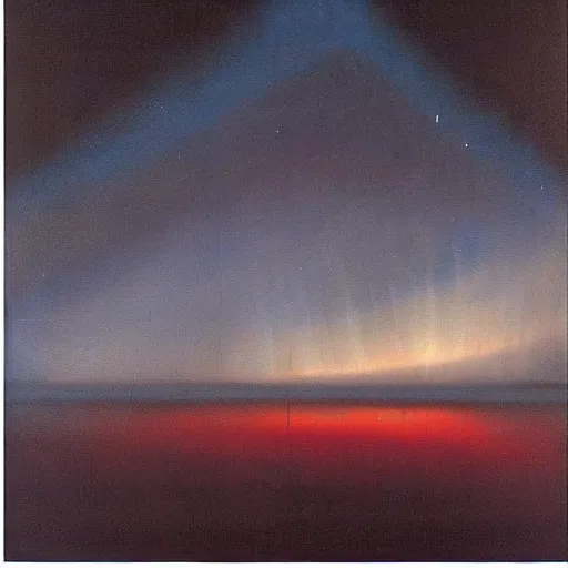 Image similar to the epic abstract painting'blue arctic void with black and red aurora borealis above a tiny inuit village ', by caspar david friedrich!!!, by rothko!!!, stunning masterpiece, trending on artstation