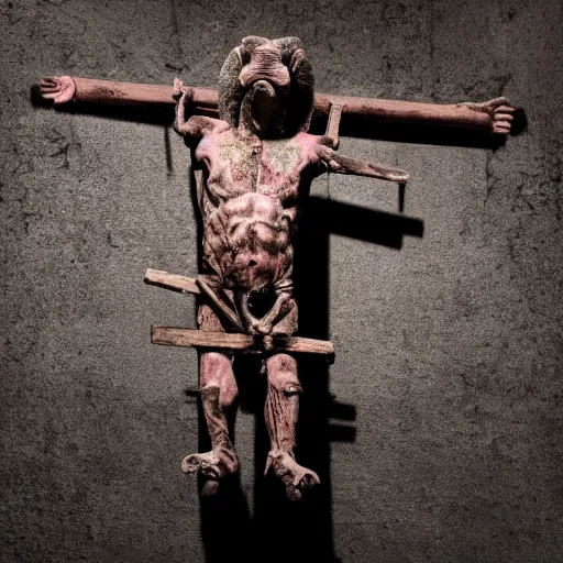 Image similar to a highly detailed realistic photographic render crucified humanoid pig, christ with the head of a pig, dead souls, religious sculpture, creepy, cinematic lighting, cinematic scene, Volumetric lighting, Atmospheric scene, Dark, Horror, Atmospheric lighting, Global illumination, realistic, photo realism, hyper realistic, hyper realism, photo realisitc, cinematic render, film, beautifully lit, ray traced, octane 3D render, octane render, unreal engine