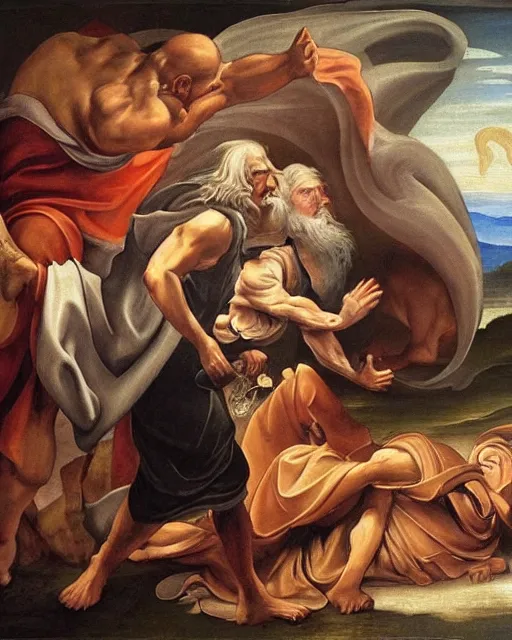 Prompt: renaissance painting of Gandalf the gray fighting the balrog