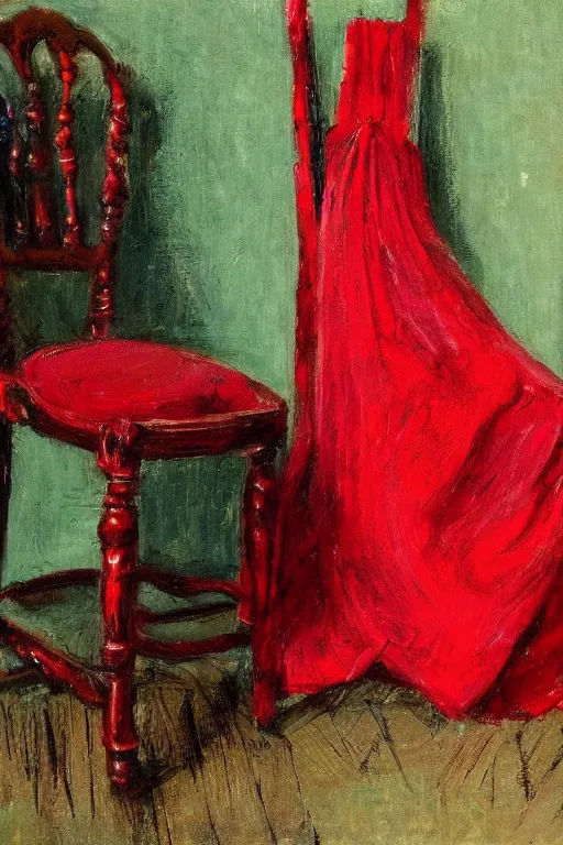 Prompt: an empty red dress laid across a chair in a dark victorian era room. in the style of american impressionism painting. triadic color scheme.