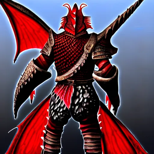 Prompt: A dragonborn with red scales and big wings on his back, viking armor