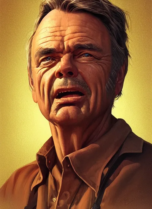 Image similar to portrait of Sam Neill from In The Mouth of Madness (1994), highly detailed, centered, solid color background, digital painting, artstation, concept art, smooth, sharp focus, illustration, Basil Gogos, Joseph Christian Leyendecker, Les Edwards, Ed Repka, WLOP, Artgerm