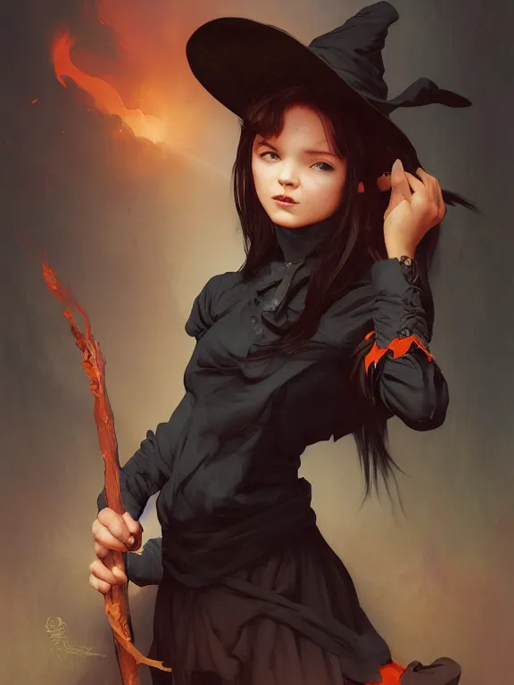 Image similar to Full shot of a mischievous young witch about to get up to some trouble. Latin American fashion. Black and Orange palette. Latina girl. brown skin. Symmetrical facial features. By Ruan Jia and Artgerm and Range Murata and WLOP and Ross Tran and William-Adolphe Bouguereau. Key Art. Fantasy Illustration. award winning, Artstation, intricate details, realistic, Hyperdetailed, 8k resolution.