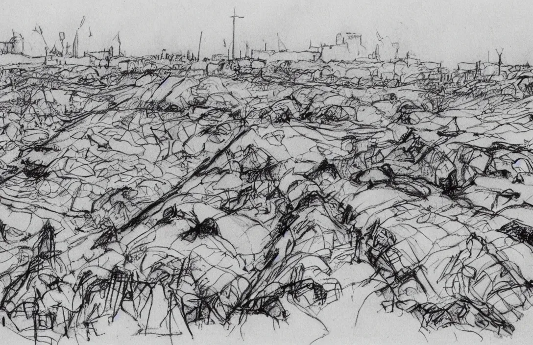 Image similar to milt kahl sketch of world war 1 trenches with the city of miami in the background