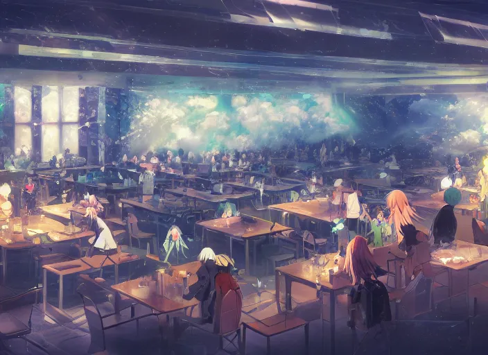 Image similar to anime background clean neat clarity professional visual development set design, large hall, a lot of people sitting on round 1 0 tables, dim painterly lighting volumetric aquatics, impasto, trending on pixiv