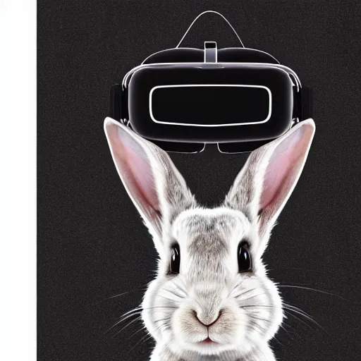 Image similar to a digital painting portrait of a rabbit wearing a vr hmd, black background with stars, photorealism