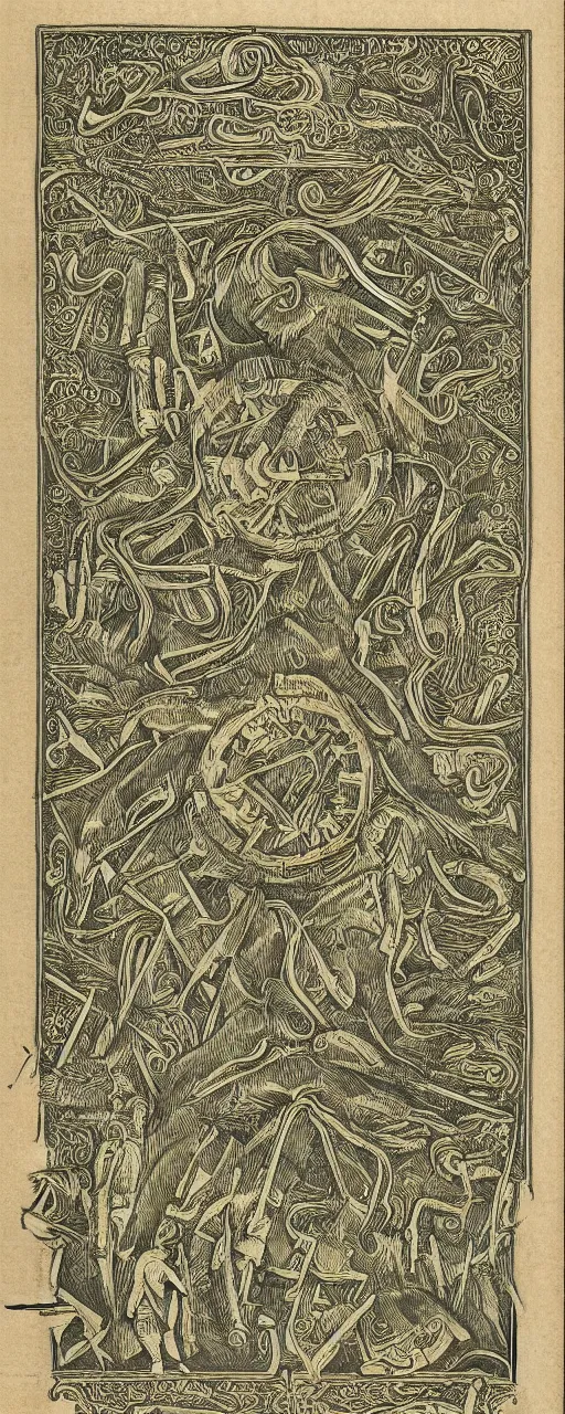 Prompt: Selknam money bill, very detailed engraving and decoration with autochthonous illustrations, 1925, ultradetailed, paper texture, 8k