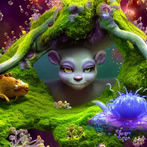 Image similar to tiny satyr, moss, floating, rbc, radiolaria, protophyta, micro - organisms, center frame, symmetric, rim light, marine microbiology, underwater, bioluminescence, electric, soft, concept art, intricate details, highly detailed, colorful, photorealistic, disney pixar, octane render, iridescent