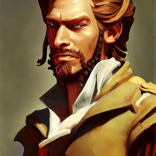 Image similar to greg manchess portrait painting of partially armored undead pirate captain guybrush threepwood as overwatch character, medium shot, asymmetrical, profile picture, organic painting, sunny day, matte painting, bold shapes, hard edges, street art, trending on artstation, by huang guangjian, gil elvgren, ruan jia, greg rutkowski, gaston bussiere