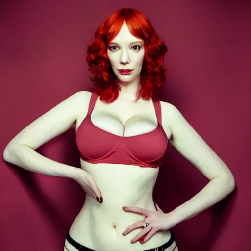 Image similar to symmetry!! christina hendricks!!! full frontal body photography of skinny christina hendricks in croptop by mario testino, croptop!! blushing, red - cheeks!!, dim volumetric cinematic lighting, 8 k, post - processing, extremely hyper - detailed, intricate, epic composition, masterpiece, stunning,