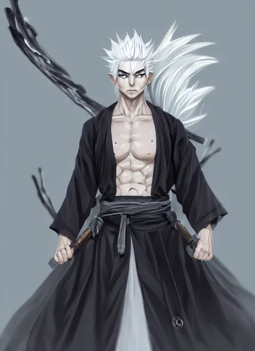 Image similar to a highly detailed illustration of fierce white haired young japanese man wearing hakama, black! sclera! eyes, dramatic serious pose, muscular, intricate, elegant, highly detailed, centered, digital painting, artstation, concept art, smooth, sharp focus, league of legends concept art, wlop