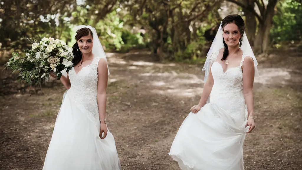 Prompt: a bride in a wedding dress with a bokeh effect in the background.