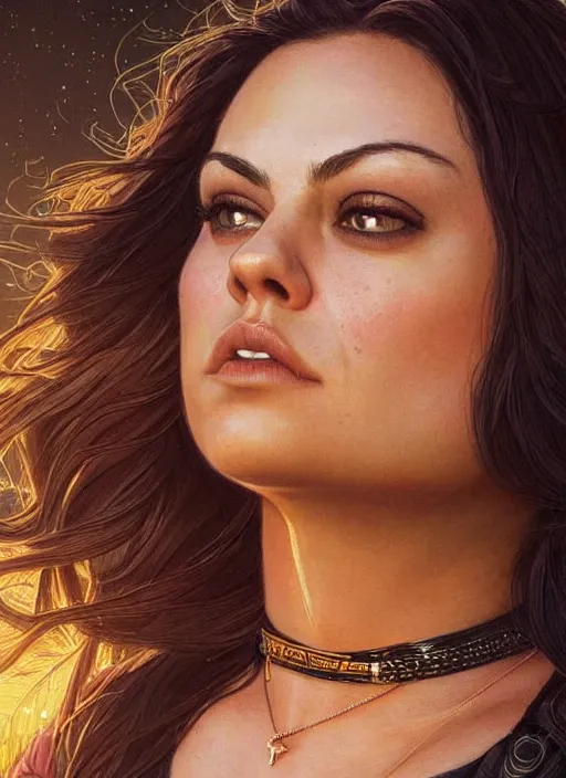 Prompt: epic portrait of Mila Kunis wearing black choker, a very strong muscled Amazon heroine, sun beams across sky, pink golden hour, intricate, elegance, highly detailed, shallow depth of field, epic vista, concept art, art by Artgerm and Donato Giancola, Joseph Christian Leyendecker