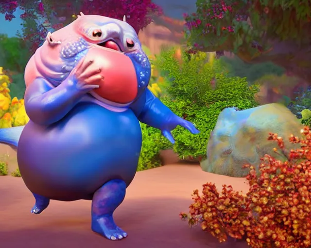 Image similar to of a very beautiful scene. ambient occlusion render. a sweet fat old woman is dancing with a huge colorful fish. hyper realistic. 4 k. wide angle. wild happiness. symmetrical face, red mouth, blue eyes. deep focus, lovely scene. ambient occlusion render. concept art. unreal engine.