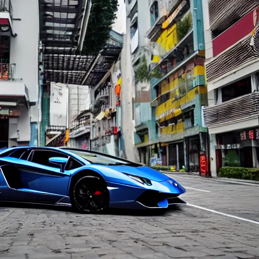 Prompt: a Lamborghini Aventador parked on a busy street in Chongqing China