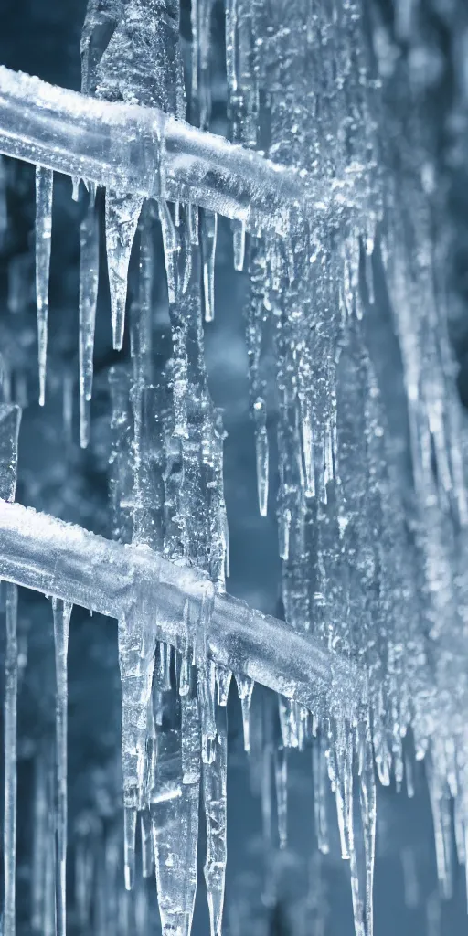 Prompt: a detailed photo of a icicle hanging from a metal frozen pipe, style national geographic, rendered in octane 8 k