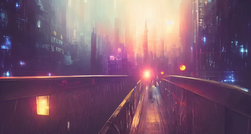 Prompt: Walking on a bridge over fantasy night city lights, volumetric lighting, 4k, octane, digital painting, artstation, sharp focus, illustration