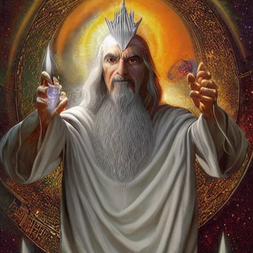 Image similar to majestic Saruman the wise white shimmer wizard gazing at dark Palantir crystal ball by Mark Brooks, Donato Giancola, Victor Nizovtsev, Scarlett Hooft, Graafland, Chris Moore