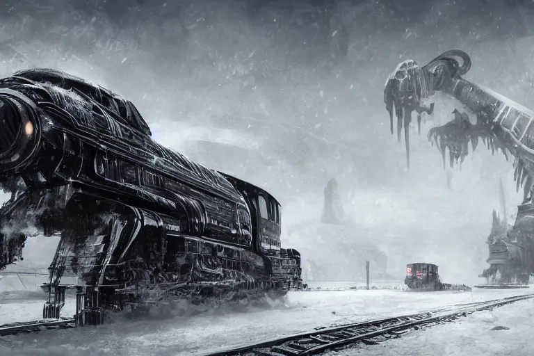 Image similar to an intricate futuristic black steam train and a giant mammoth, post - apocalyptic ice landscape in snowstorm, concept art, artstation, highly detailed, digital art