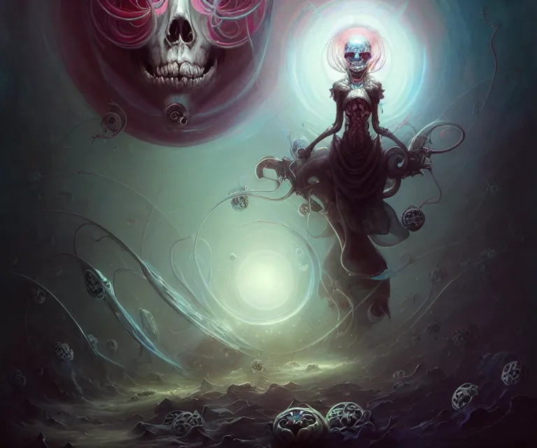 Prompt: mix media, biomecanical cyber alian of the whiched,, artwork by charlie bowater and tom bagshaw, insanely detailed, artstation, psychedelic art. atoms surrounded by skulls and spirits deep under the sea, horror, sci - fi, surrealist painting, by peter mohrbacher anato finnstark
