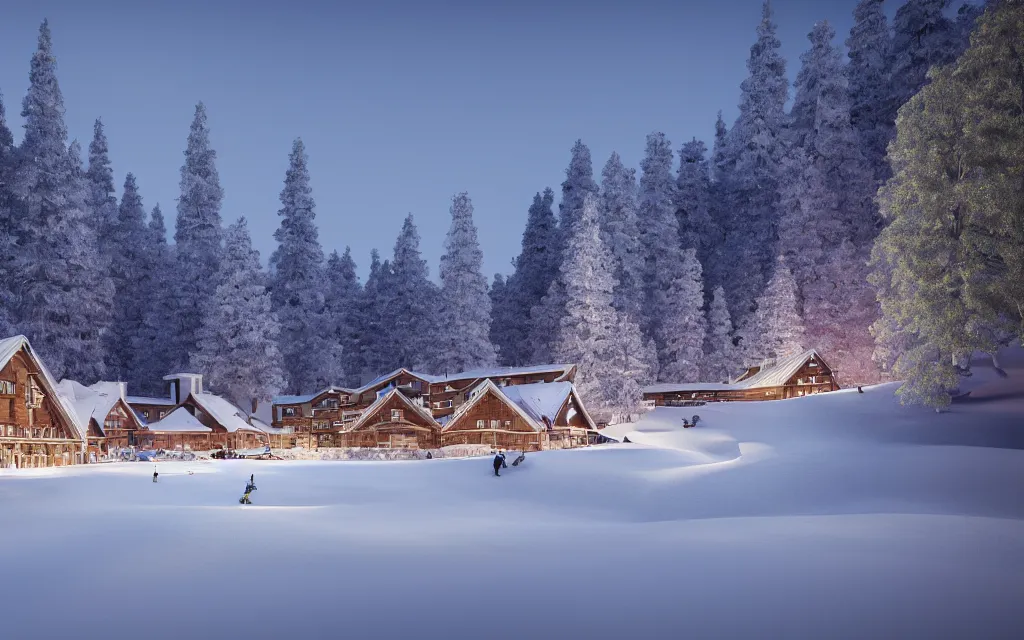 Image similar to finnish ski resort architectural visualization, hotel, winter scene, cozy, corona render, rendered in vray, evening light, lakeside, dof, mountainous landscape, pine forest, evermotion, ronen bekerman, contest winner, archviz, peter guthrie, ultradetailed, photorealistic, photoreal, box visuals