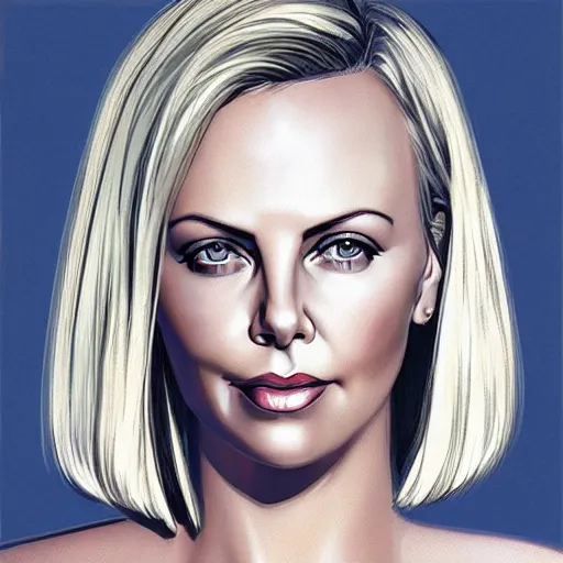 Prompt: “ charlize theron retro minimalist portrait, ultra detailed, by jean giraud, 8 k ”