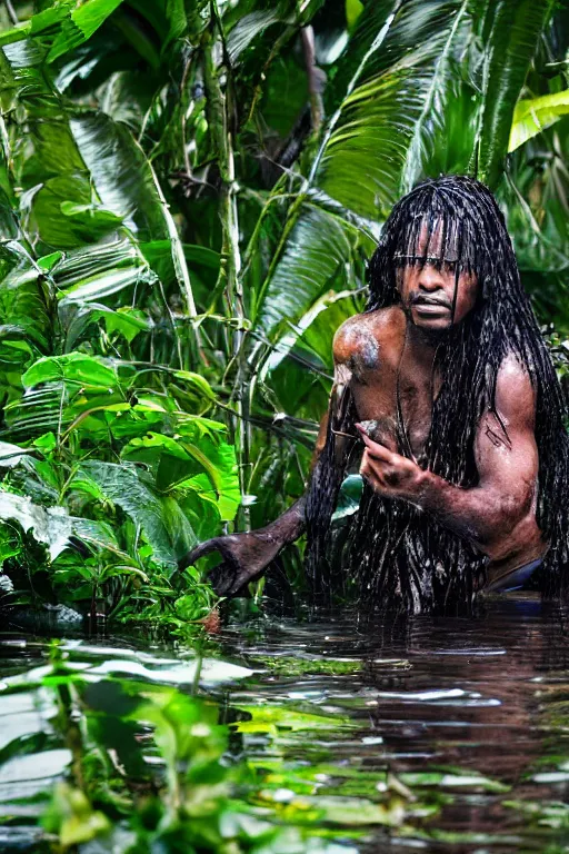 Prompt: predator in sri lankan jungle, submerged in water, black hair, hunter, extremely high fidelity, natural lighting